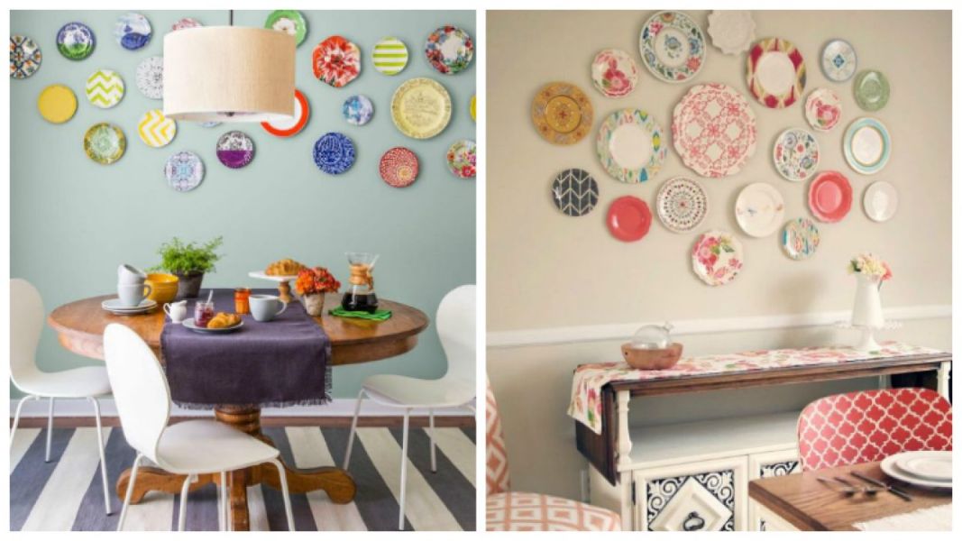 como decorar una pared de comedor con platos coloridos
