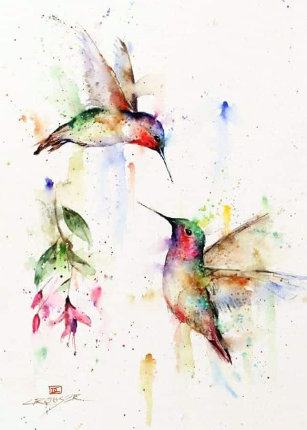 cuadros de colibries con flores acuarela